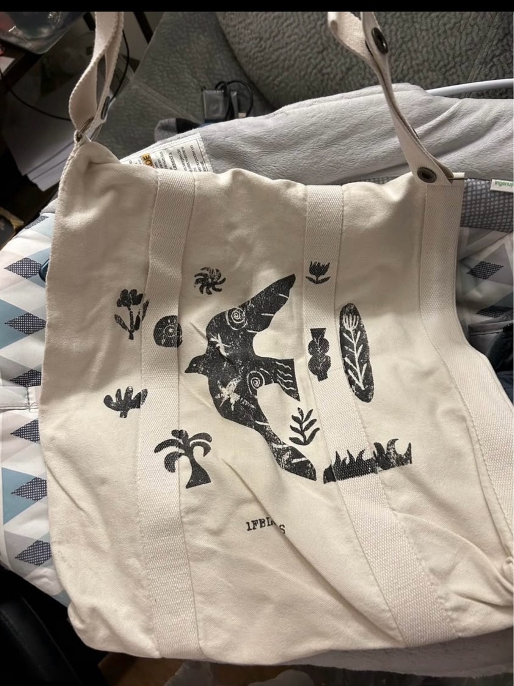 Canvas Printed Tote Bag – Cream with Black Bird Motif